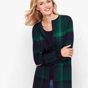 Talbots Pure Merino Wool Classic Green & Navy Blue Tartan Plaid Cardigan XS